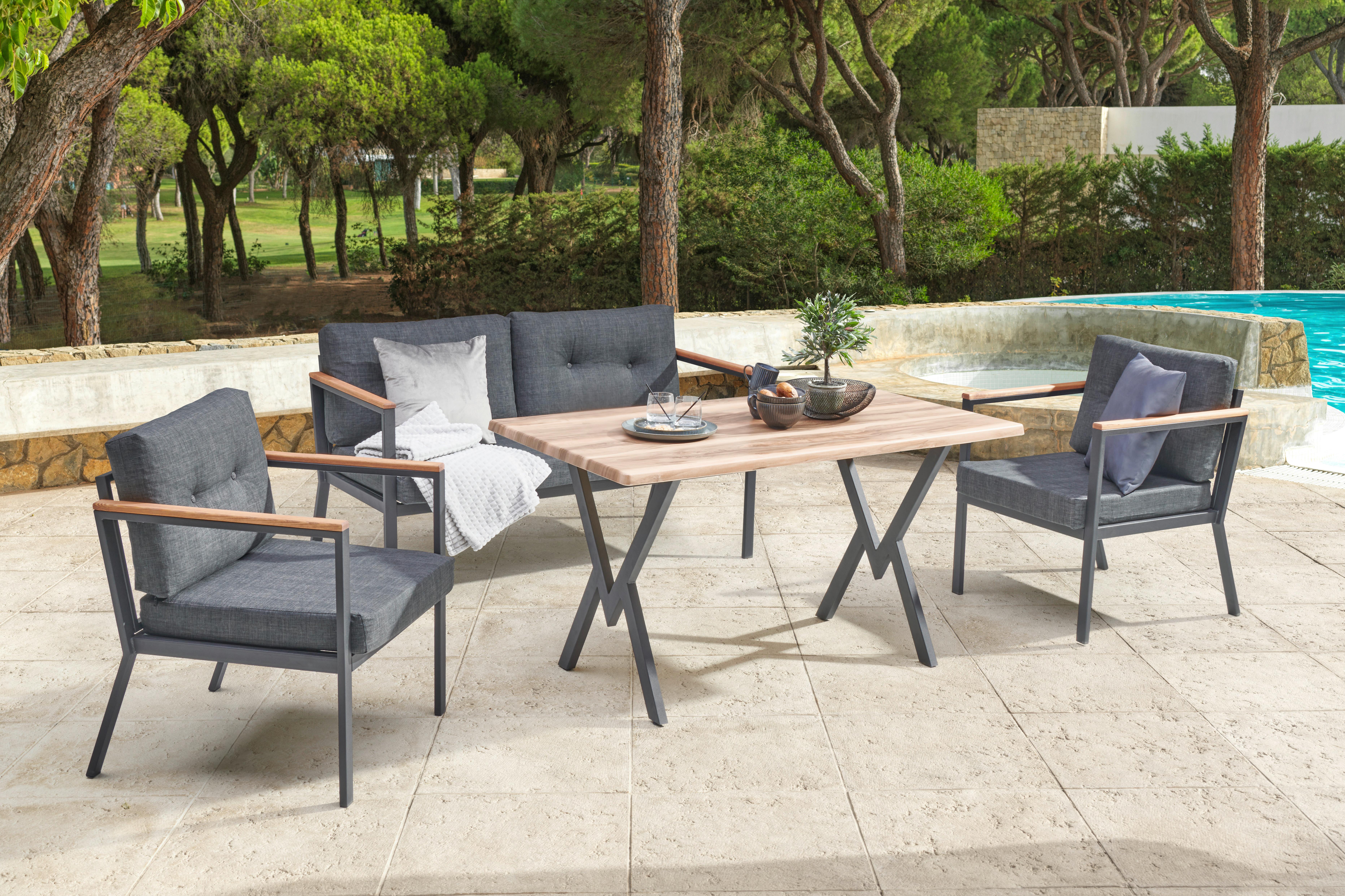 Loungegarnitur 4-tlg. Merida Metall/holzdekor Mit Kissen - Anthrazit/Birkefarben, MODERN, Holzwerkstoff/Textil - Beldano