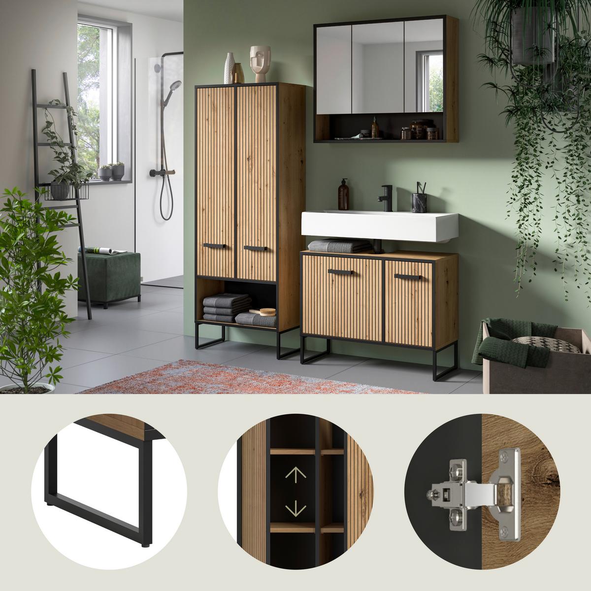 Badezimmer Bagno Schwarz /Eiche Artisan Dekor B: 139cm - Schwarz/Eiche Artisan, Trend, Glas/Holzwerkstoff (139cm) - MID.YOU