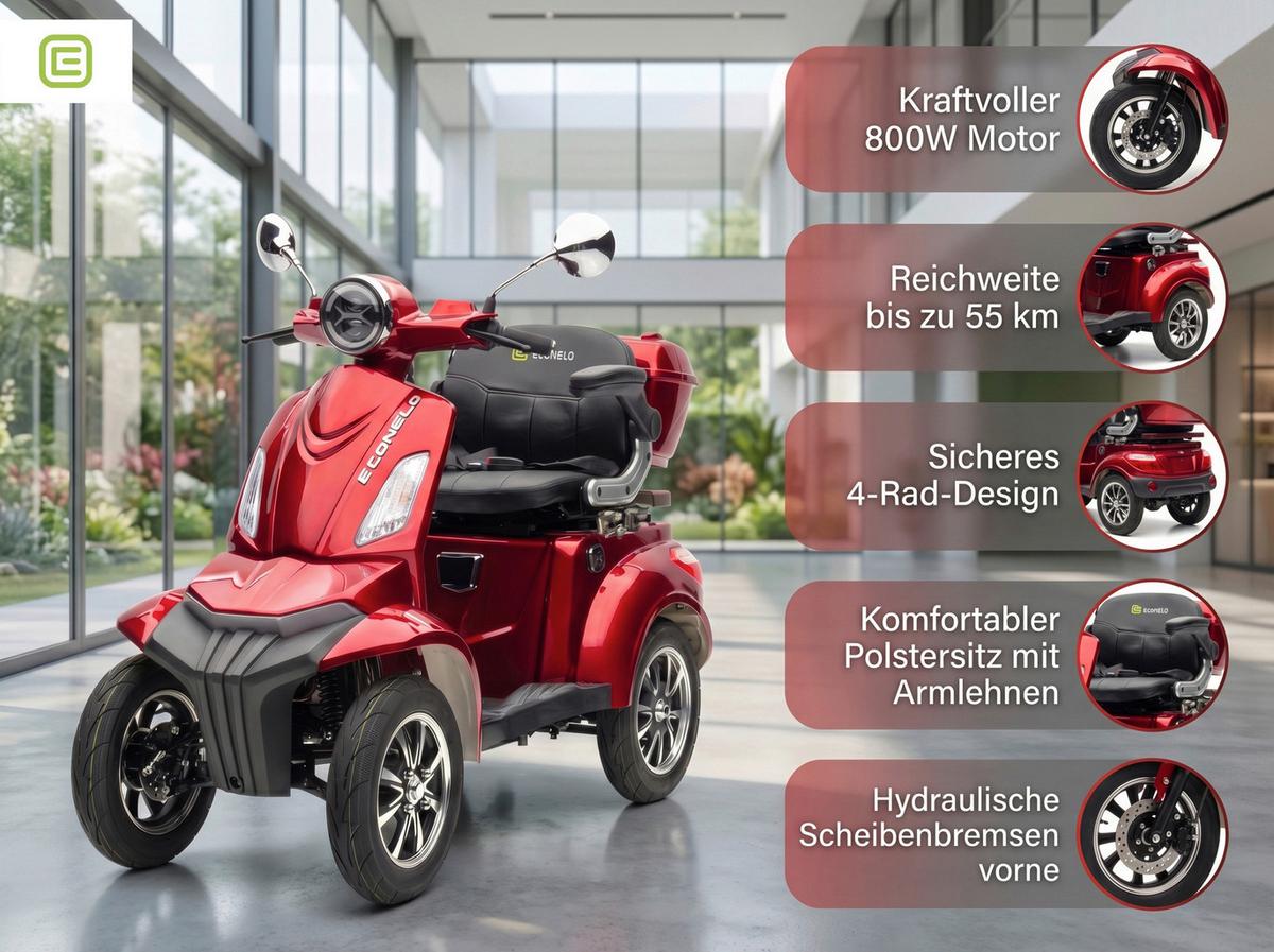 E-Seniorenmobil MAXXI 4.0 Lithium Akku, 1000W, 25 km/H - Bordeaux, Basics, Metall (165/80/110cm)