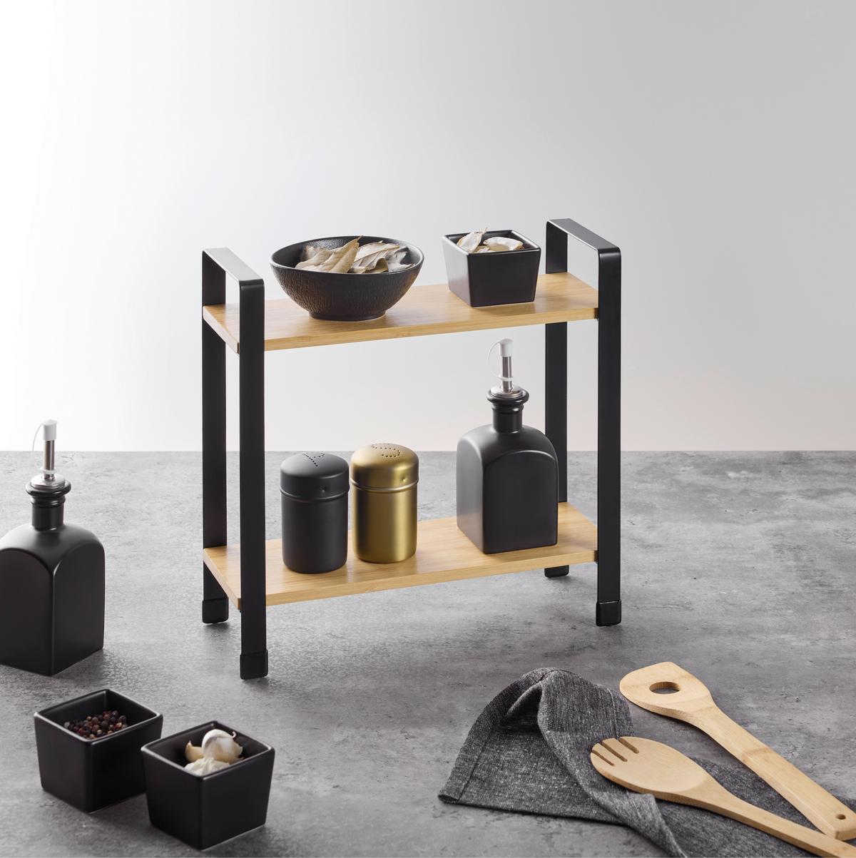 Kuchyňský regál RITA -2 - černá/přírodní barvy, Moderní, kov/přírodní materiály (32/33/11cm) - Mömax
