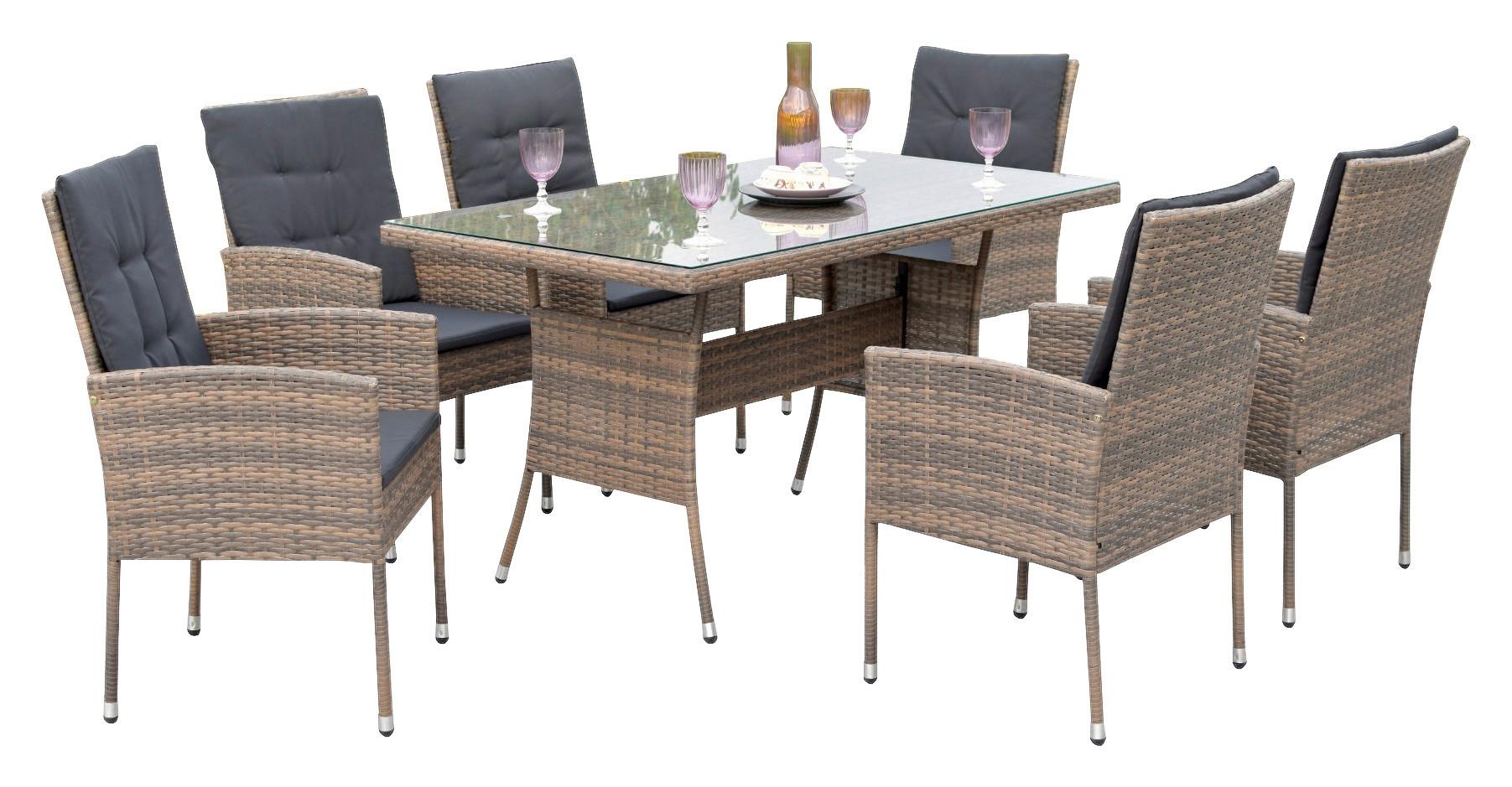 Gartenmöbel Set 19-Tlg. Menorca Kunststoff mit Kissen - Braun/Grau, MODERN, Glas/Kunststoff - Gardenson