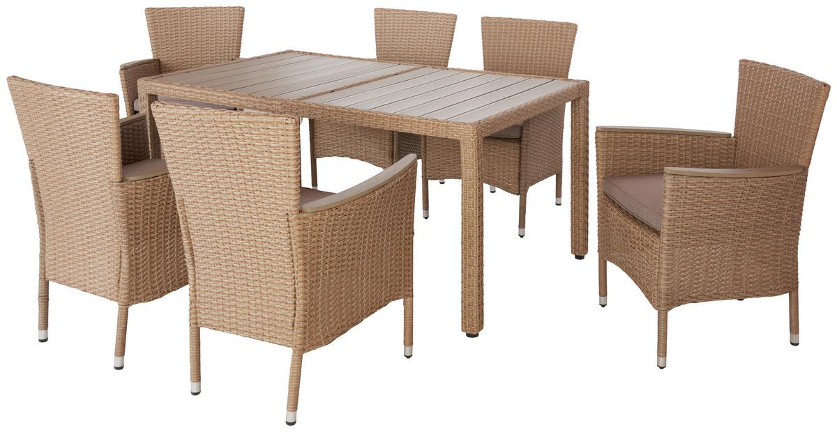 Gartengarnitur 7-Tlg. Porto Rio Rattanoptik mit Kissen - Hellbraun/Grau, MODERN, Kunststoff/Textil - Luca Bessoni