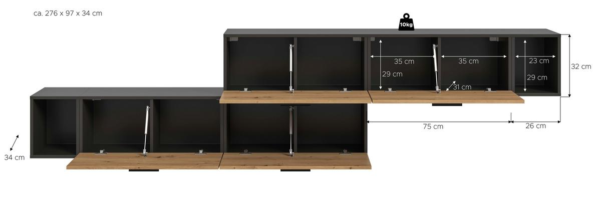 Wohnwand, The One 4, B: 276 cm Artisan Eiche Dekor/Grau - Schwarz/Eiche Artisan, Trend, Holzwerkstoff (276/97/34cm)