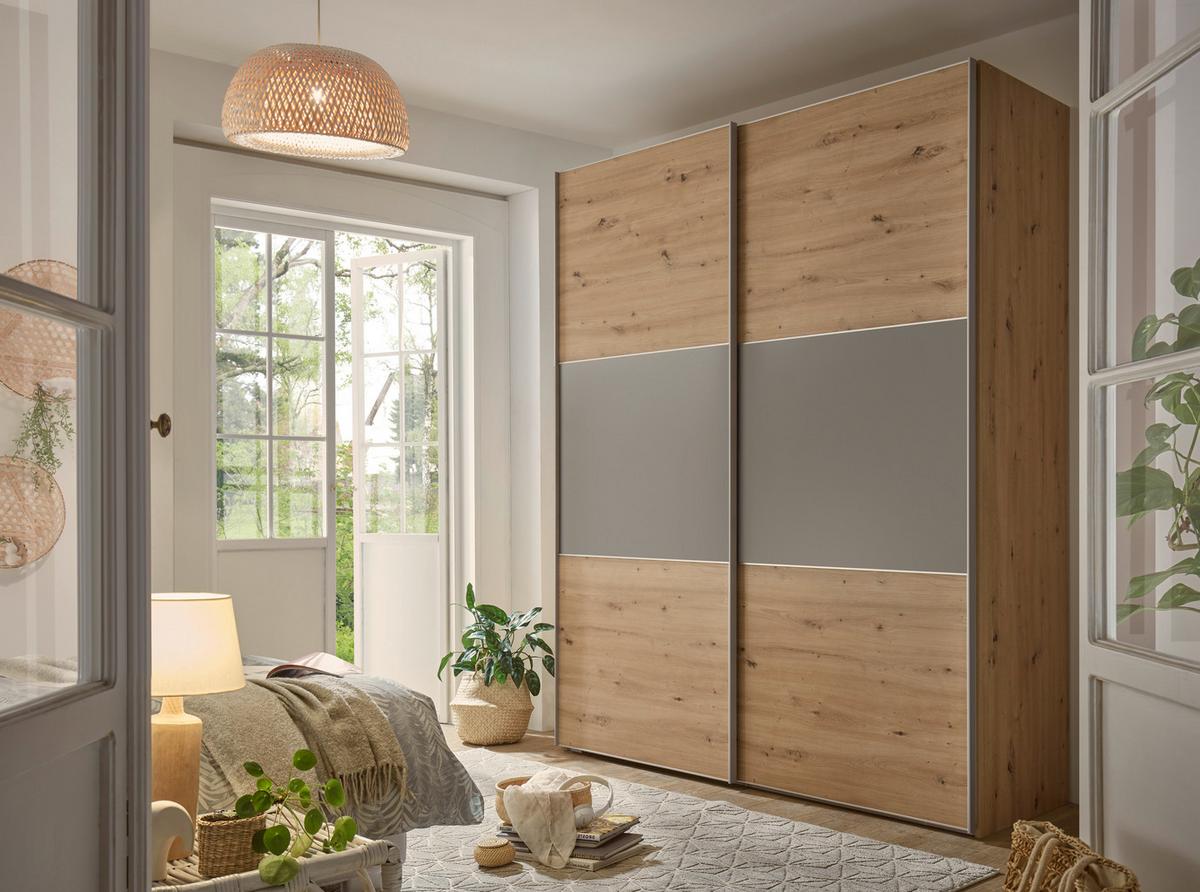 Geräumiger Schwebetürenschrank in Eiche und Grau Dekor