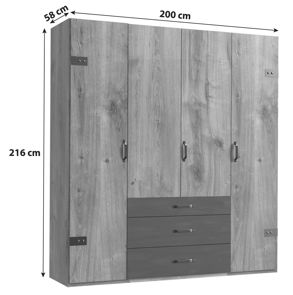 Drehtürenschrank Mit Spiegel + Laden 200cm Detroit, Eiche - Eichefarben/Silberfarben, Basics, Holzwerkstoff (200/216/58cm) - MID.YOU