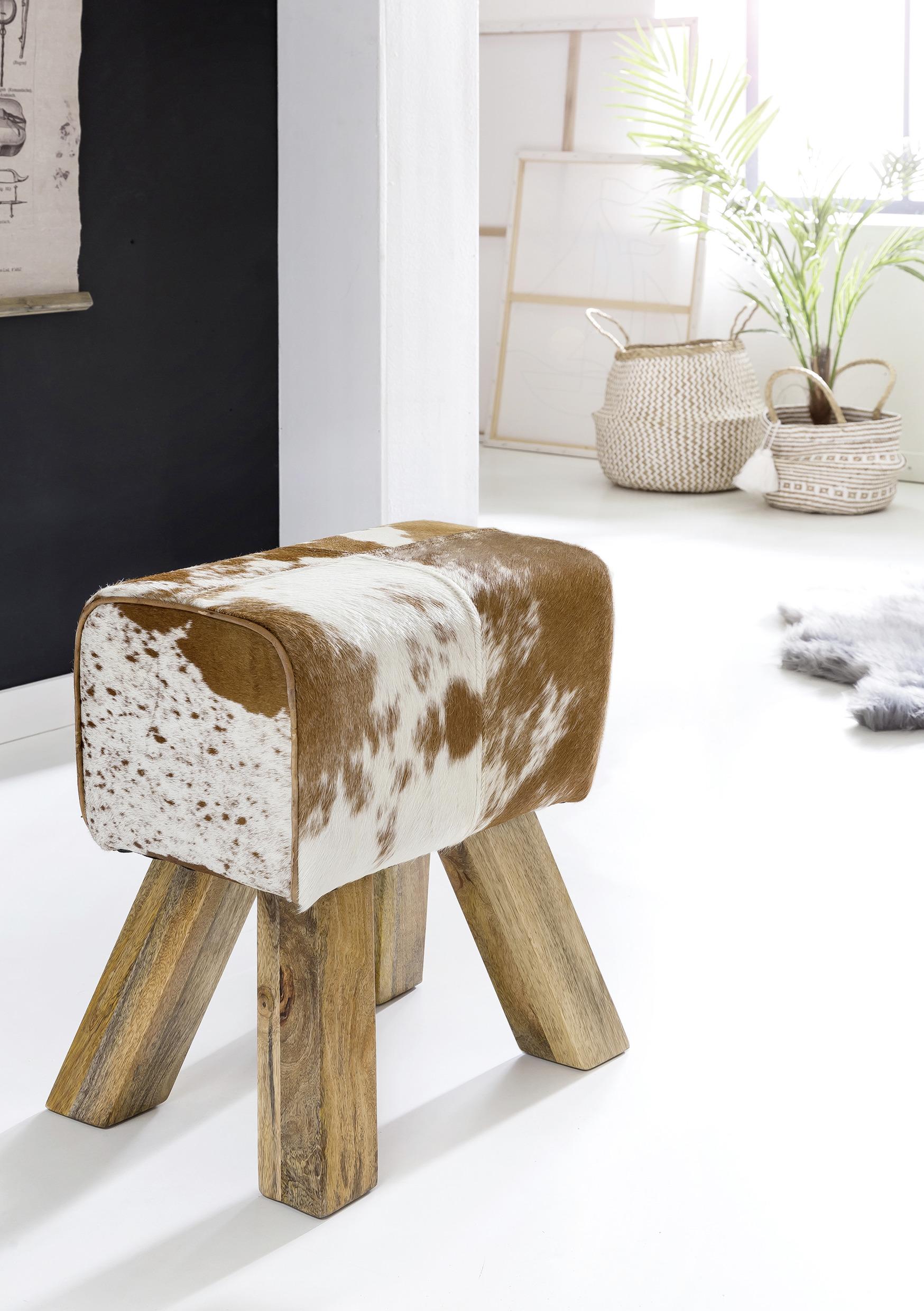 Taburetka hocker pravá koža/drevo - hnedá/biela, Natur, drevo/kožušina (40/47/30cm) - MID.YOU