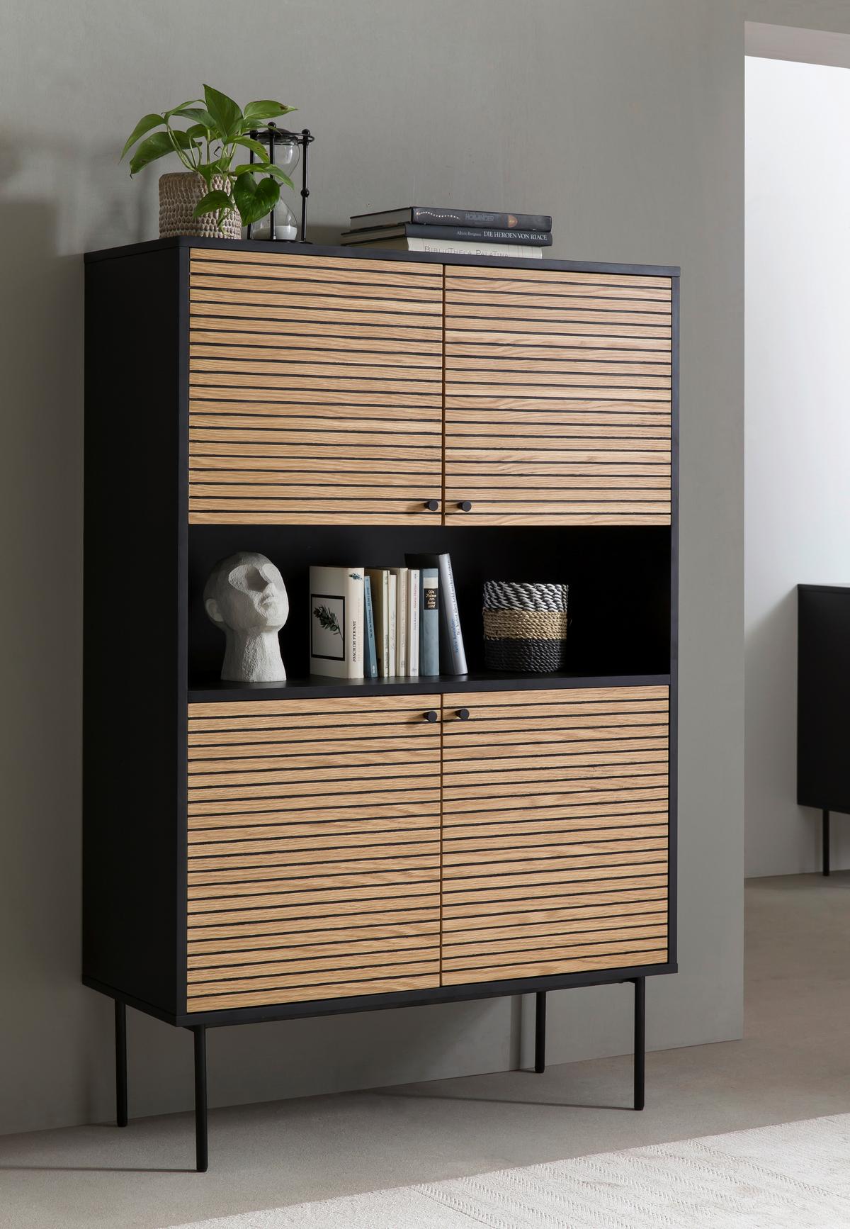 Highboard Schwarz, Eichefarben B: 100cm - Eichefarben/Schwarz, Design, Holz/Holzwerkstoff (100/155/40cm) - Livetastic