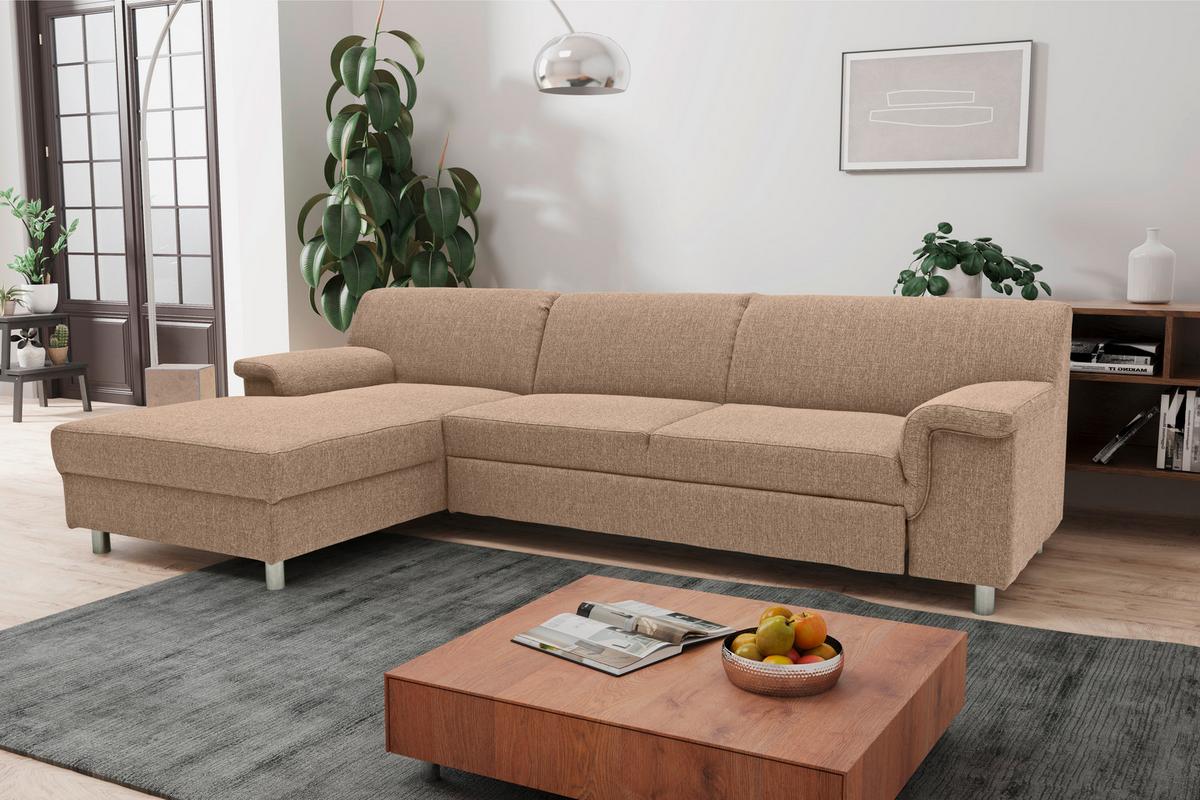 Ecksofa Jamie Rücken Echt Beige Webstoff - Chromfarben/Beige, KONVENTIONELL, Textil (150/251cm) - MID.YOU