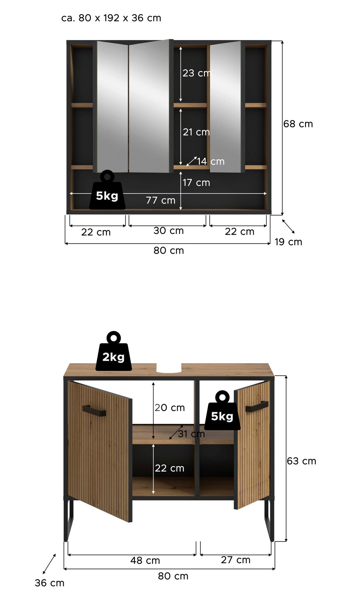 Badezimmer Bagno Schwarz /Eiche Artisan Dekor B: 80cm - Schwarz/Eiche Artisan, Trend, Holzwerkstoff (80cm) - MID.YOU
