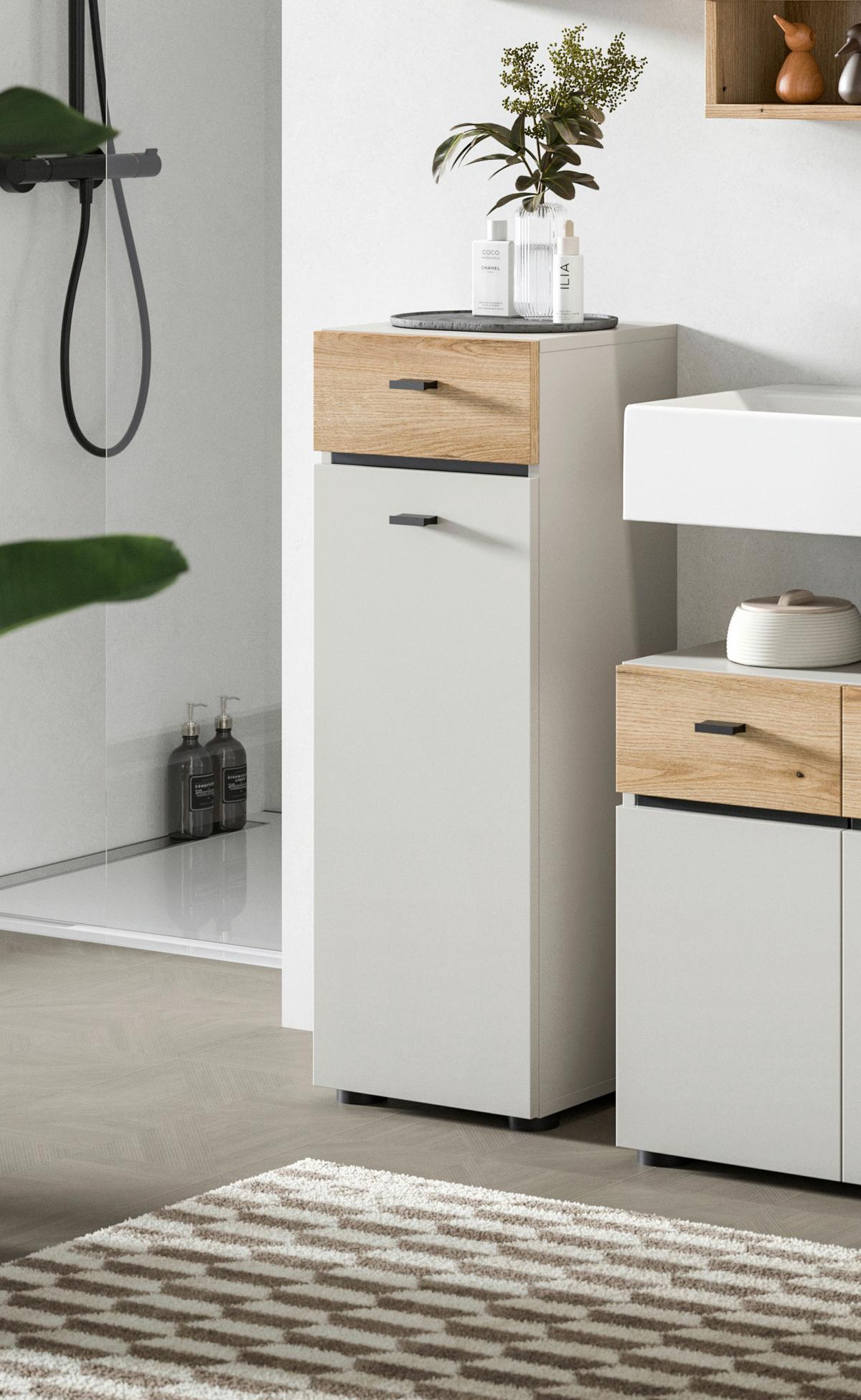 Midischrank Aqua Eichefarben/Kaschmir B: 32cm - Kaschmir/Eichefarben, Trend, Holzwerkstoff (32/91/30cm) - MID.YOU
