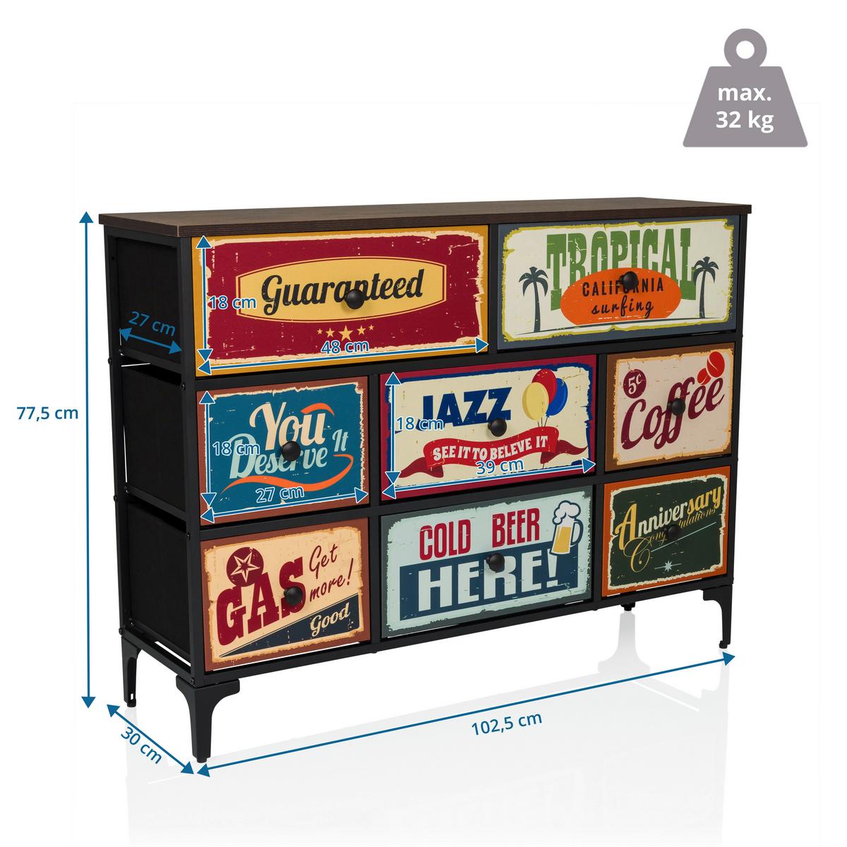 Kommode Ameriko Multicolor B: 102,5 Cm - Multicolor/Schwarz, MODERN, Holzwerkstoff/Textil (102,5/77,5/30cm) - MID.YOU