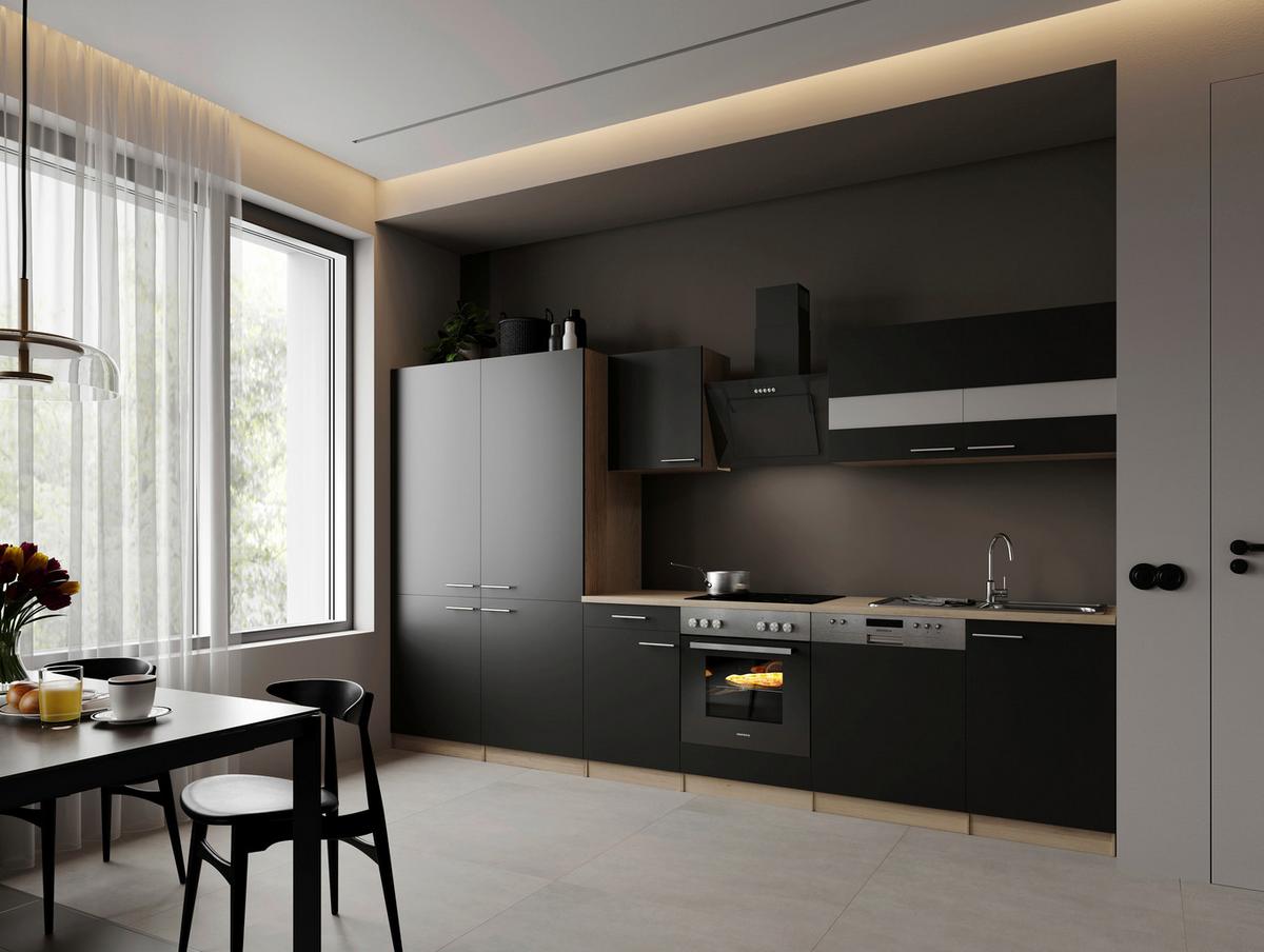 KÜCHENBLOCK Merle, Schwarz B: 340cm - Eichefarben/Schwarz, Trend, Holzwerkstoff (340cm) - Respekta