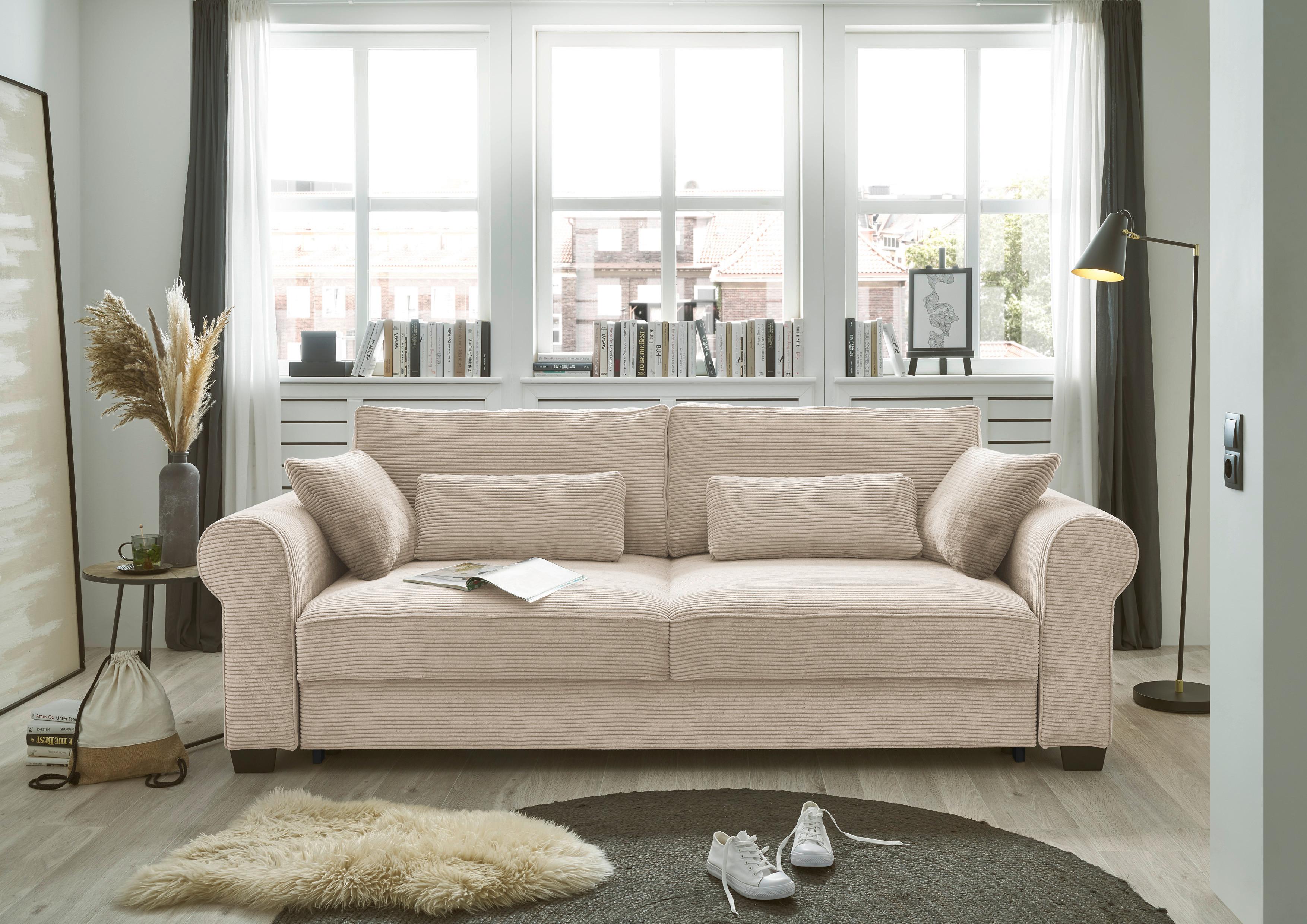 3-Sitzer-Sofa mit Schlaf- Funktion Angelina Creme Kord - Creme/Schwarz, Basics, Textil (250/95/125cm) - MID.YOU