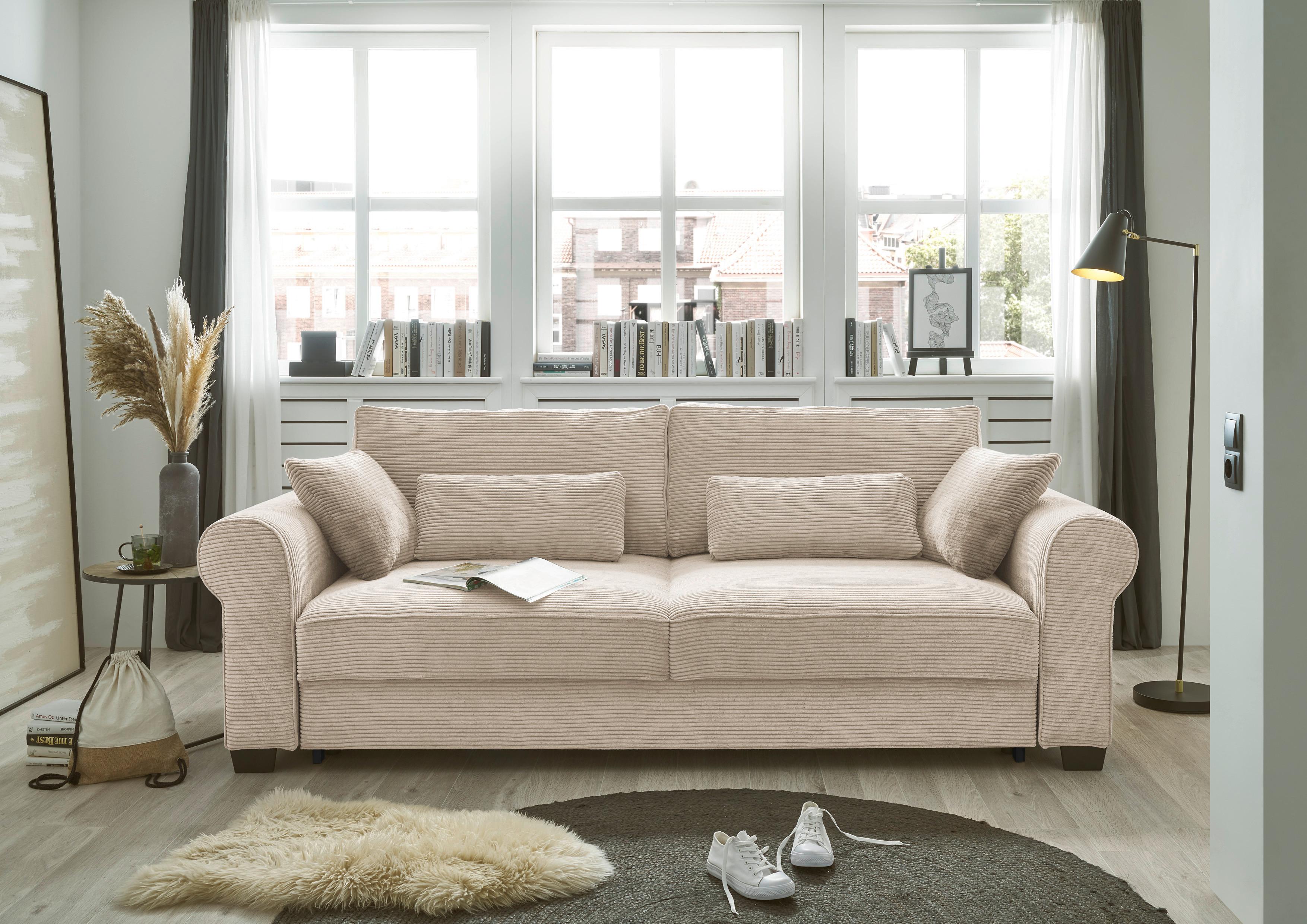 3-sitzer-sofa Mit Schlaf- Funktion Angelina Creme Kord - Creme/Schwarz, Basics, Textil (250/95/125cm) - MID.YOU