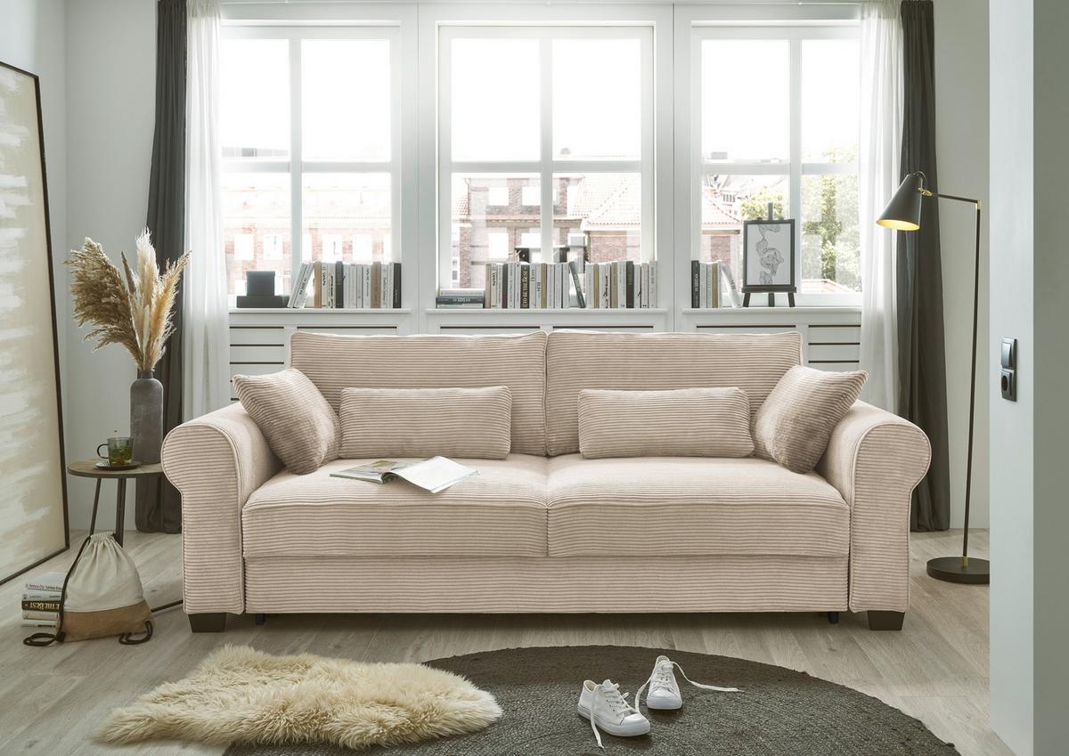 3-Sitzer-Sofa mit Schlaf- Funktion Angelina Creme Kord - Creme/Schwarz, Basics, Textil (250/95/125cm) - MID.YOU