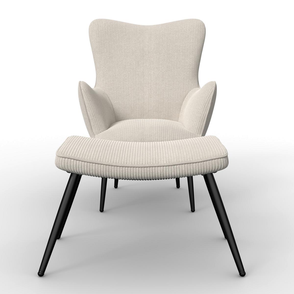 Kreslo s taburetkou AURORA, krémový menčester, max. 120 kg - čierna/krémová, Modern, kov/drevo (68/98/74cm) - Bessagi Home