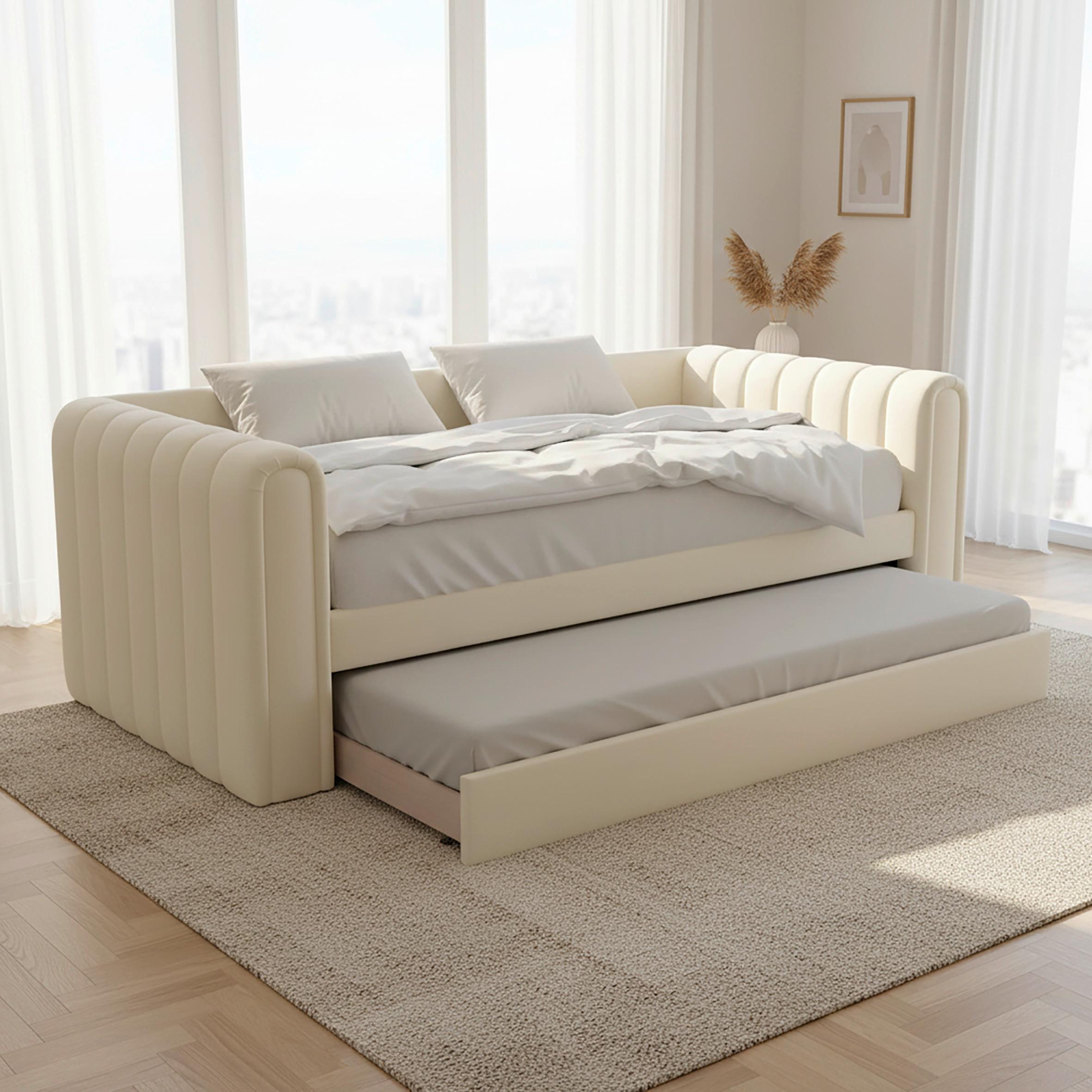 Výsuvná posteľ TASHA 90x200 cm, slonovinová - svetlohnedá/čierna, Modern, drevo/textil (90/200cm) - Bessagi Home