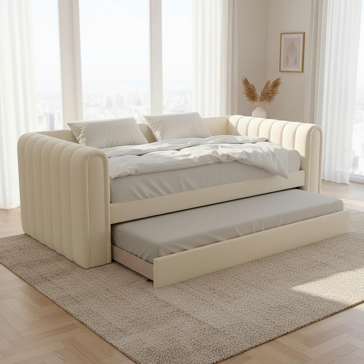 Výsuvná posteľ TASHA 90x200 cm, slonovinová - svetlohnedá/čierna, Modern, drevo/textil (90/200cm) - Bessagi Home