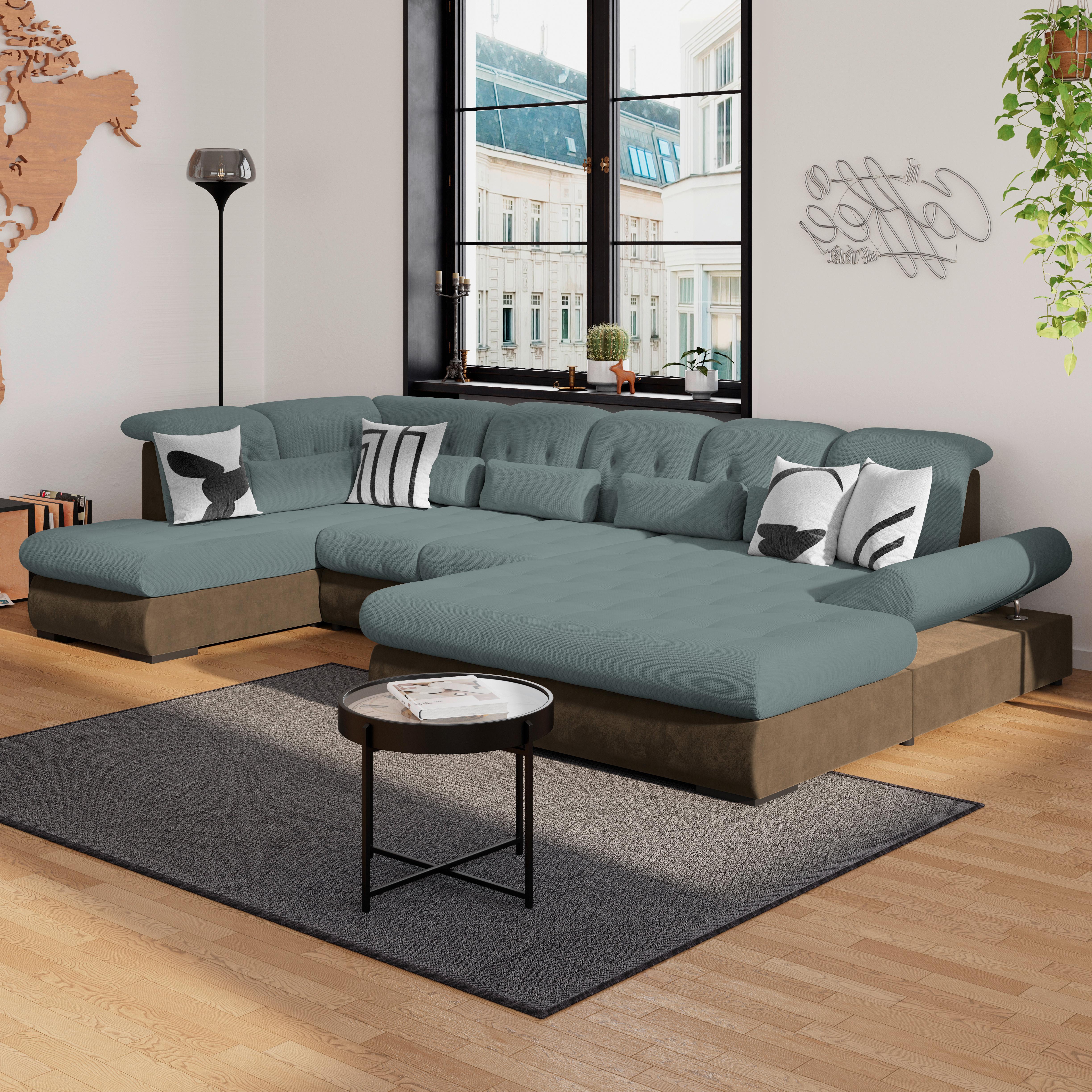 Wohnlandschaft Madera Blaugrün U: 212x358x190 cm - Blau/Hellbraun, KONVENTIONELL, Kunststoff/Textil (212/358/190cm)