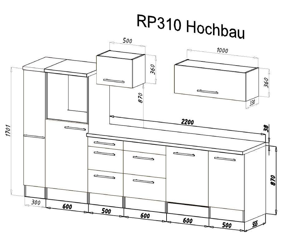 Küchenzeile Mit Geräten 310 Cm Schwarz Hochglanz/grau - Eichefarben/Schwarz, Basics, Holzwerkstoff (310cm) - Respekta