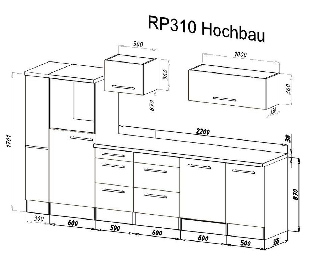 Küchenzeile mit Geräten 310 cm Weiß Hochglanz/Grau - Eichefarben/Weiß, Basics, Holzwerkstoff (310cm) - Respekta