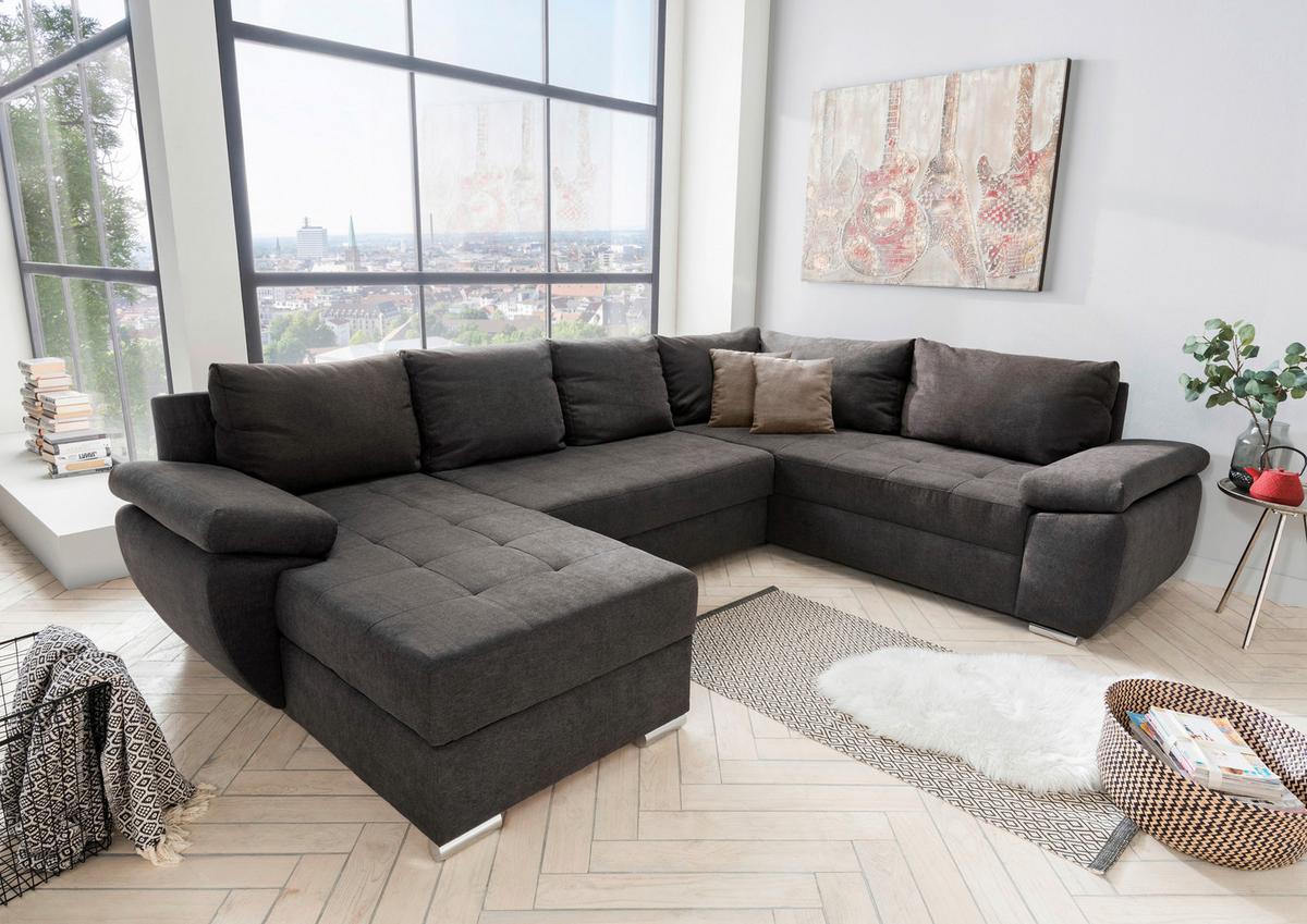 Wohnlandschaft Terana mit Schlaffunktion, Braun - Taupe/Chromfarben, KONVENTIONELL, Textil (157/305/219cm) - P & B