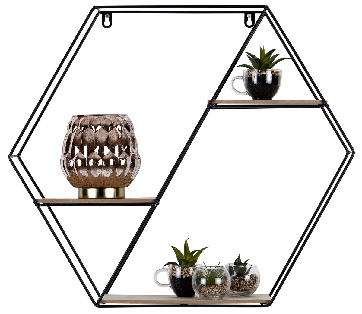 Wandregal Rom B: 58 cm Schwarz Metall/Holzdekor 3 Fächer - Schwarz/Pinienfarben, MODERN, Holzwerkstoff/Metall (58/51/15cm)
