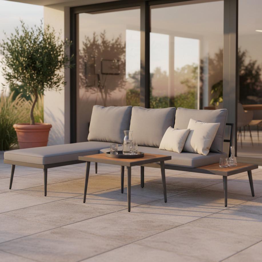 Záhradní sedací souprava SALLIE - šedá/černá, Moderní, kov/dřevo (205/76,5/152cm) - Bessagi Garden