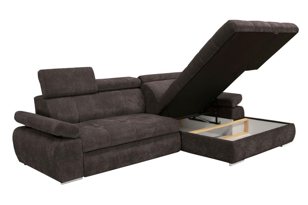Rohová sedačka VEGAS, pravá, tmavě hnědá žinylka - tmavě hnědá/barvy stříbra, Design, dřevo/textil (294/173cm)