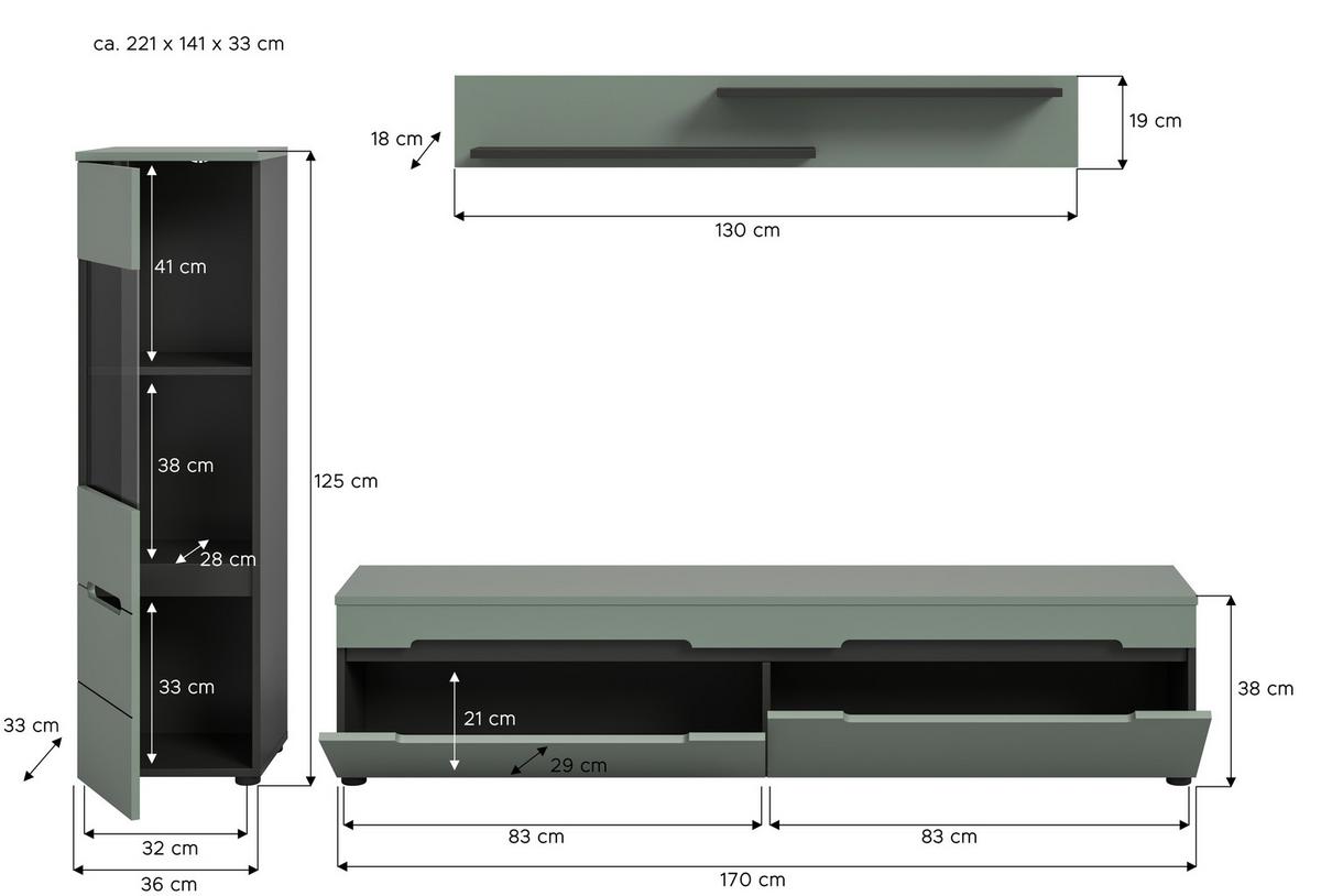 WOHNWAND Canu Graugrün B: 221cm - Schwarz/Grasgrün, Design, Holzwerkstoff (221/141/33cm) - Livetastic