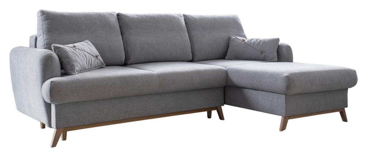 Sedačka LUCILE S, pravá, sv.šedá, úl.prostor a lůžko - světle šedá/přírodní barvy, dřevo/textil (235/157cm) - MID.YOU