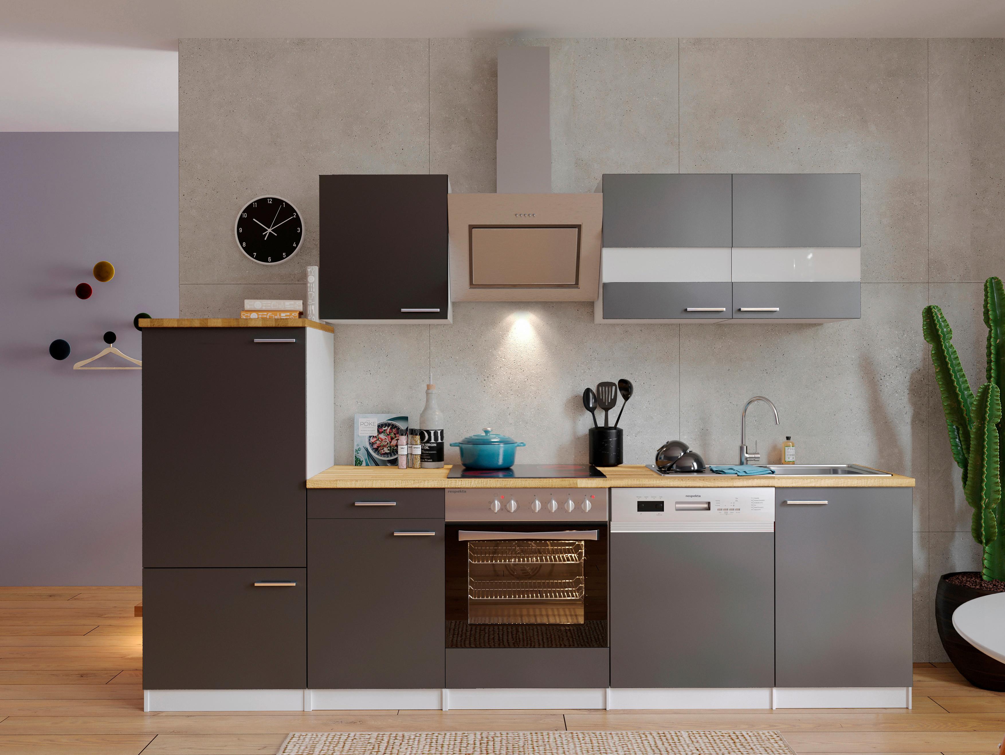 Küchenzeile Economy m. Geräten 280 cm Grau/Nussbaum Dekor - Nussbaumfarben/Weiß, Basics, Holzwerkstoff (280cm) - Respekta