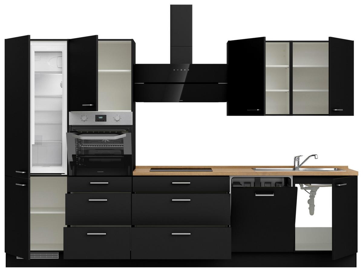 Kuchyňská linka 330 cm, černá matná/ barva dub - černá/barvy dubu, Moderní, kov/kompozitní dřevo (330cm) - Nobilia