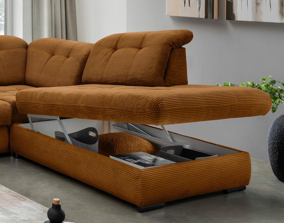 Wohnlandschaft mit Bettkasten Rigatti Goldfarben B: 387 cm - Goldfarben/Schwarz, MODERN, Textil (184/387/252cm) - Livetastic