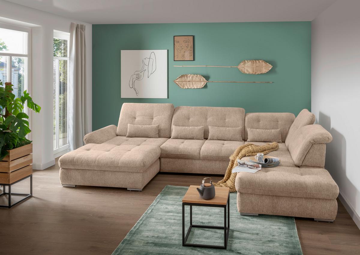 Wohnlandschaft Dalida Hellbraun U: 195x376x254 Cm - Chromfarben/Hellbraun, Design, Textil (195/376/254cm) - Livetastic