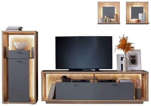 Wohnkombination 4-Tlg. Lizzano Grau/Eichefarben - Eichefarben/Grau, Design, Holzwerkstoff (286/200/40cm) - MID.YOU