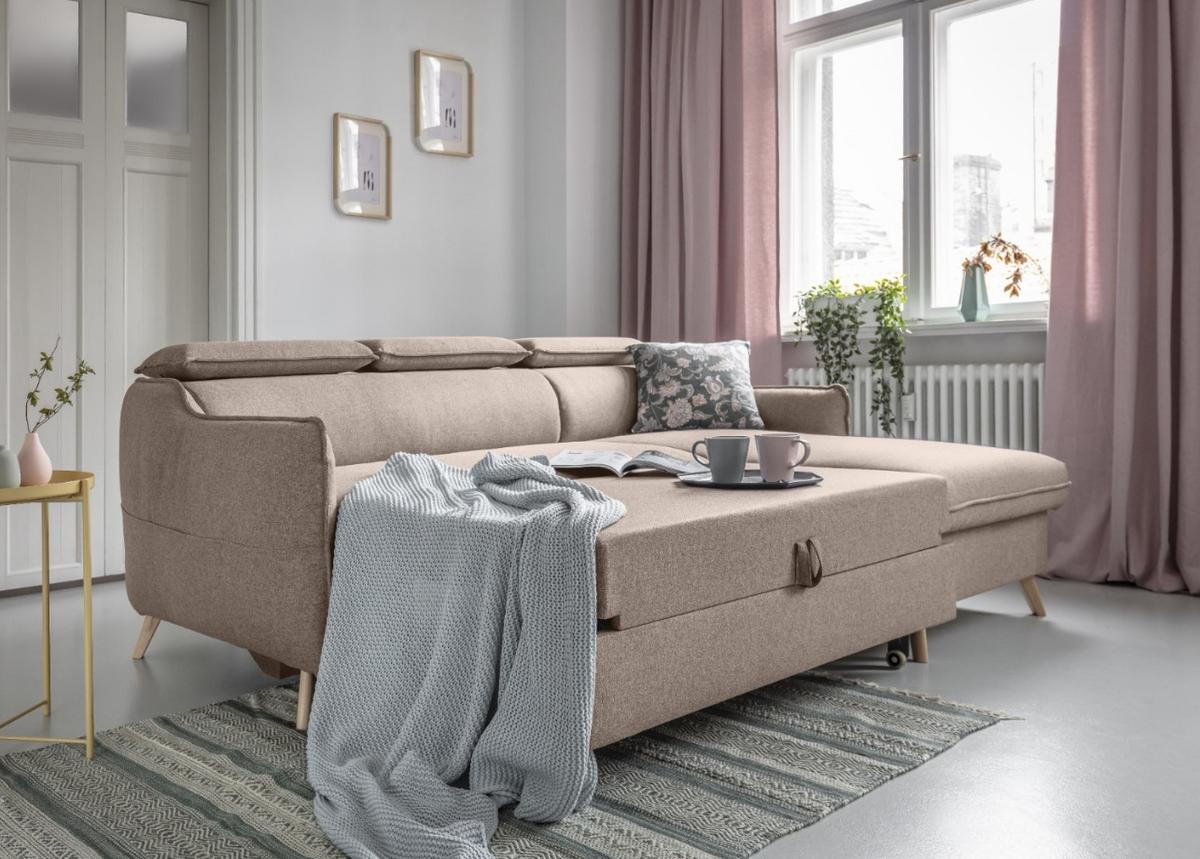 Rozkládací sedačka SIMONE, pravé provedení - přírodní barvy/béžová, Moderní, dřevo/textil (228/82/95/162cm)