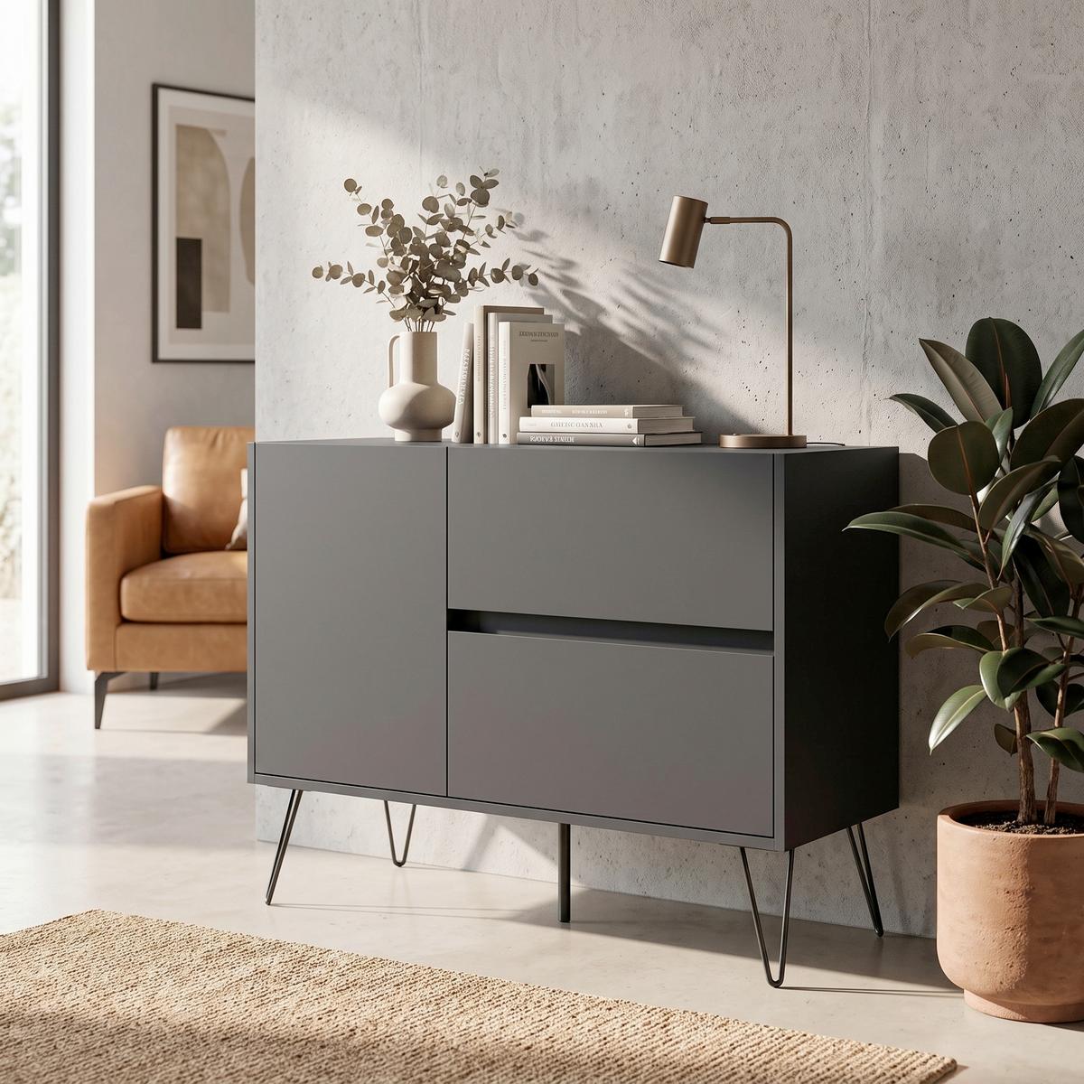 Sideboard Posseik Industrial Graphitfarben B: 99 cm - Graphitfarben/Schwarz, Design, Holzwerkstoff (99/75,8/42cm) - MID.YOU