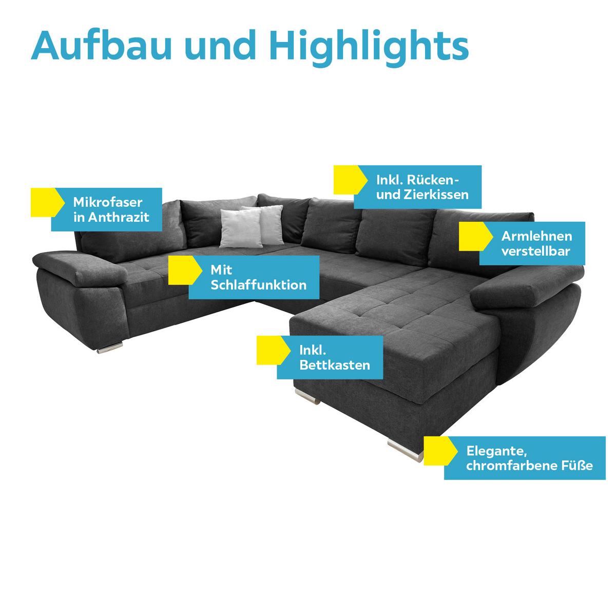 Wohnlandschaft Terana Mit Schlaffunktion, Anthrazit - Chromfarben/Anthrazit, KONVENTIONELL, Textil (219/305/157cm) - Livetastic