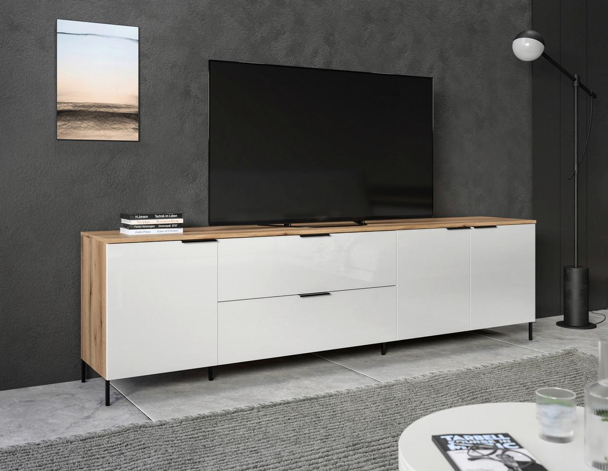 Wohnwand Austin 315 cm Eichefarben/Glasfront Weiss - Eichefarben/Weiß, Trend, Glas/Holzwerkstoff (315/140/40cm)