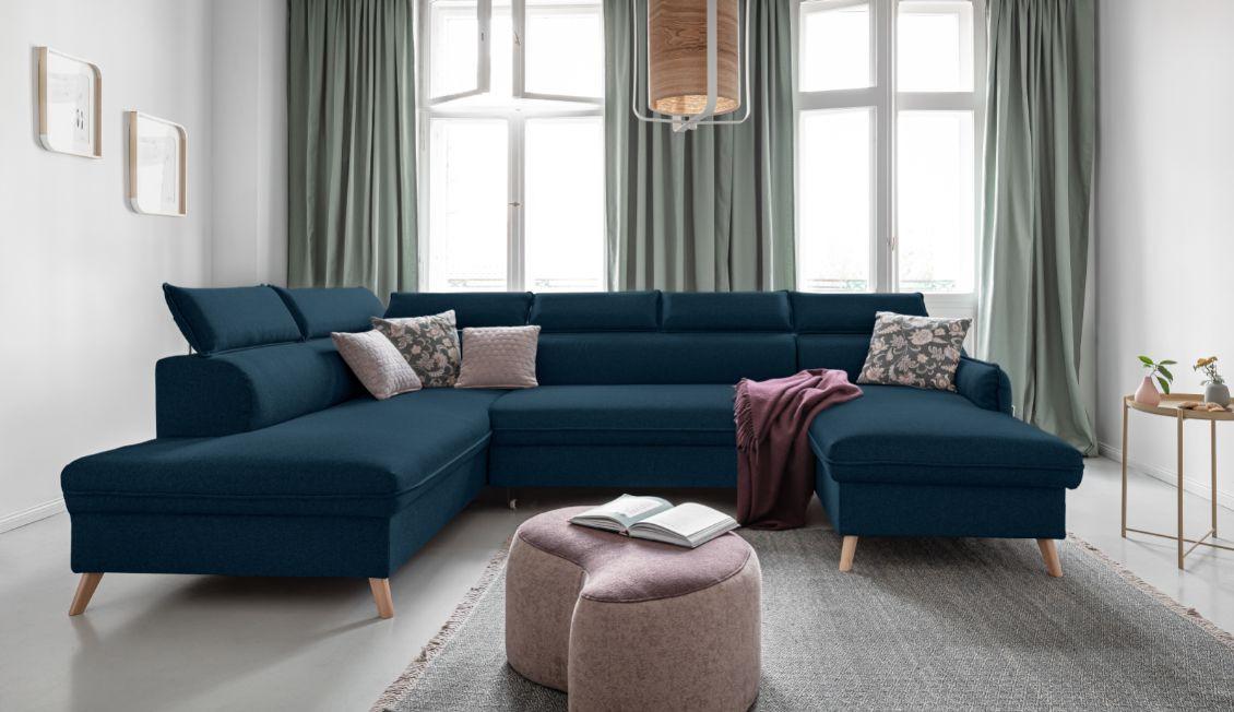 Rozkladacia sedačka Simone, ľavé prevedenie - prírodná farba/tmavomodrá, Modern, drevo/textil (321/82/95/208cm)