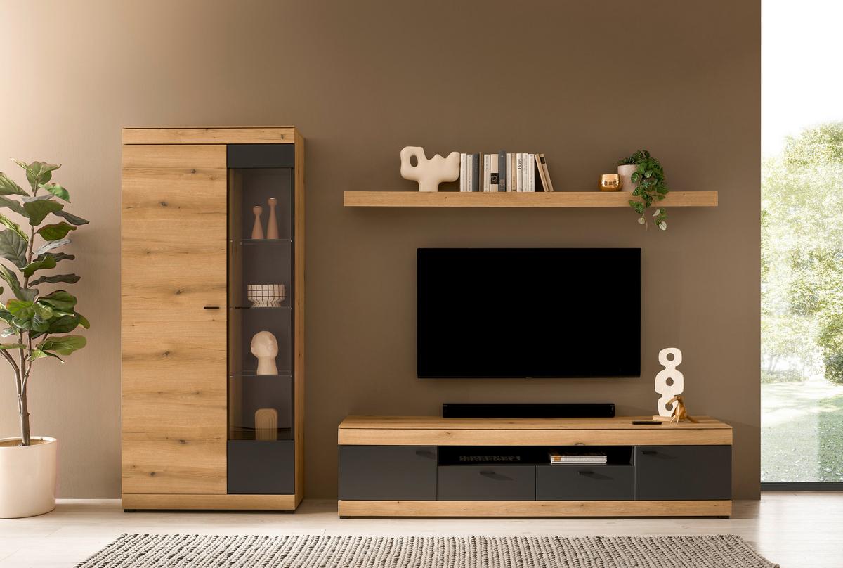 Vitrine Soleto Graphit-/Eichefarben B: 90cm - Eichefarben/Schwarz, Design, Holzwerkstoff (90/201/35cm) - MID.YOU