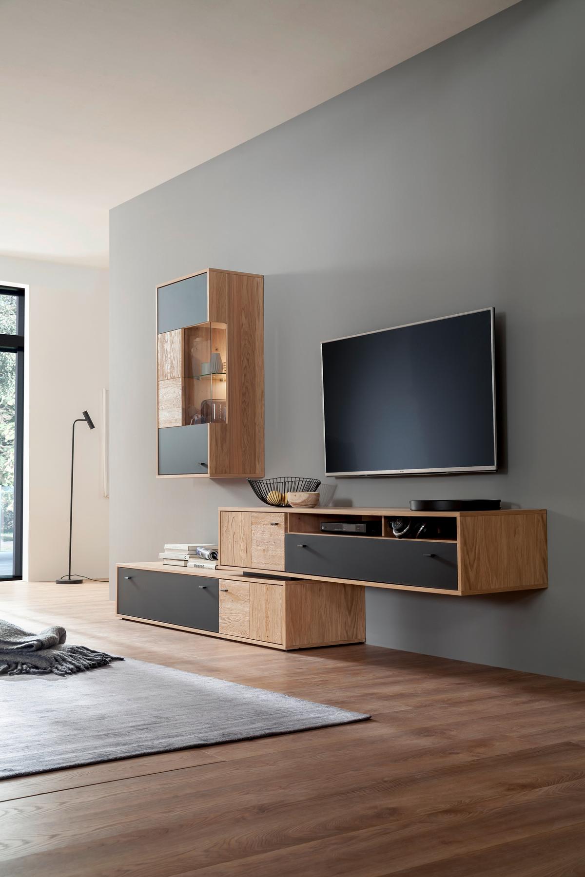 Wohnkombination teilmassiv 2tlg. Valencia Anthrazit/Eiche - Eiche Bianco/Anthrazit, Design, Glas/Holz (306/198/50cm) - MID.YOU