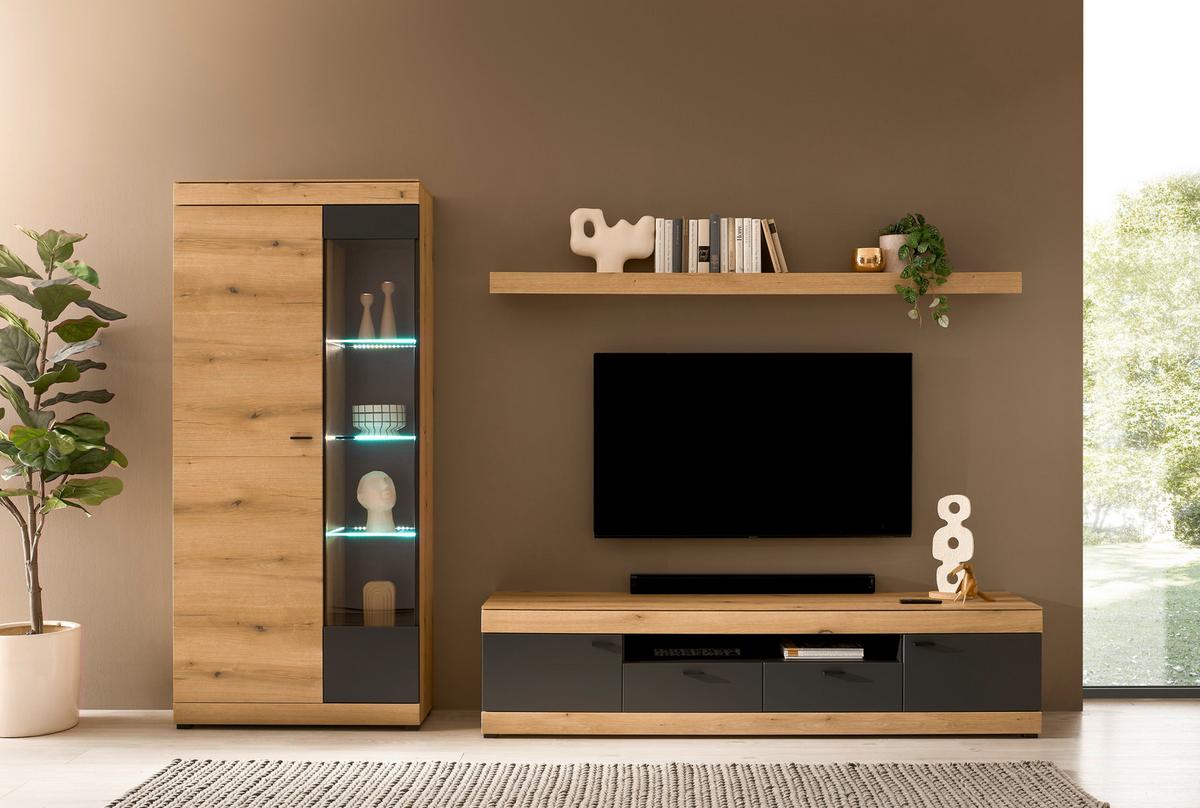 Wohnwand Soleto Graphit/Eichefarben B: 300cm - Eichefarben/Schwarz, Design, Glas/Holzwerkstoff (300/201/45cm) - MID.YOU