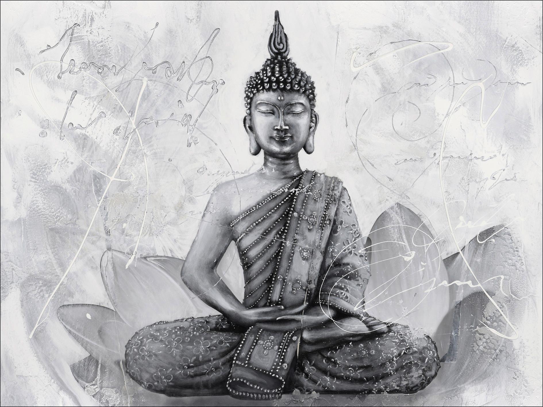 Leinwandbild Buddha Grey 116x84 cm - Schwarz/Weiß, KONVENTIONELL, Holz (84/116cm)