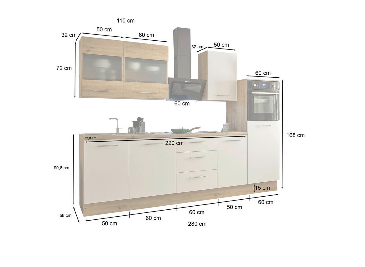 Küchenblock Capri Weiß/eiche Dekor B: 280 Cm - Weiß/Eiche Artisan, Basics, Glas/Holzwerkstoff (280cm) - MID.YOU