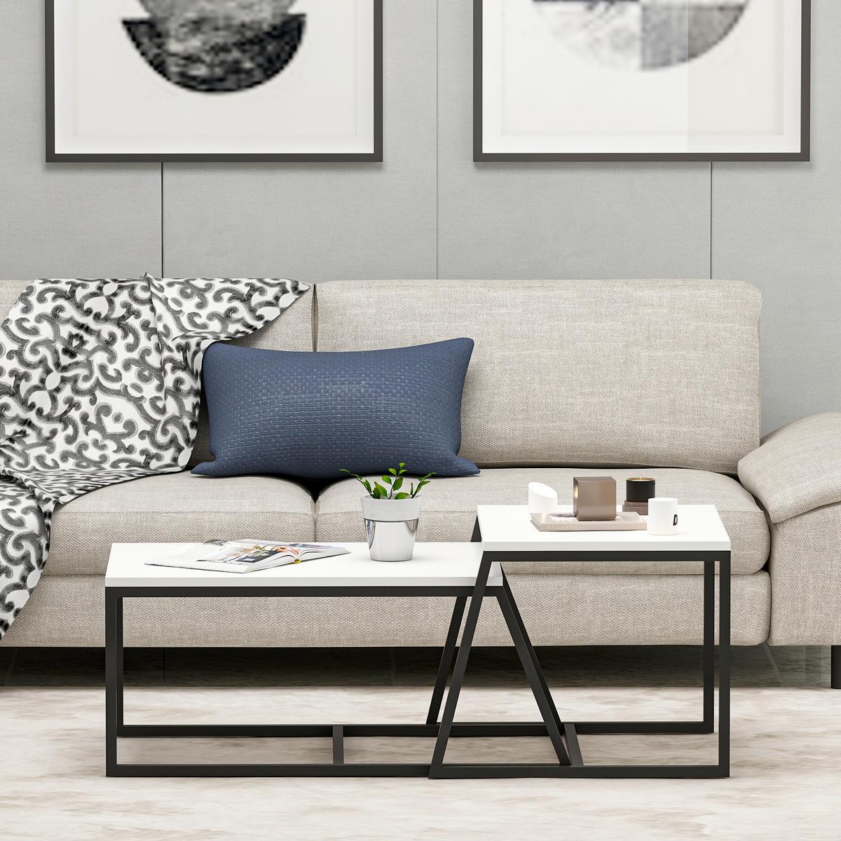 Couchtischset Weiß B: 75-55 Cm - Schwarz/Weiß, Design, Holzwerkstoff/Metall (75-55/38-45/50-47cm) - Livetastic