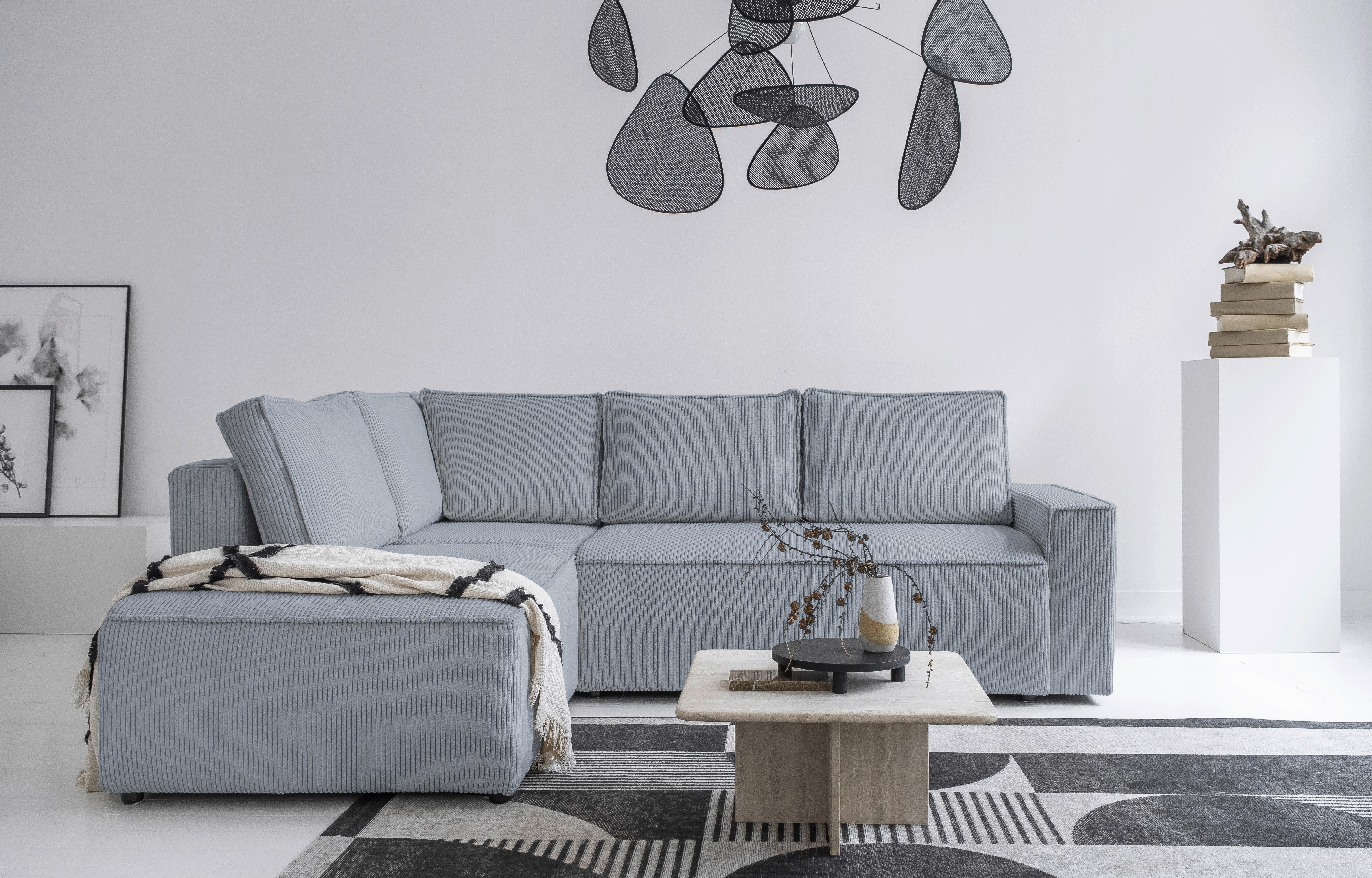 Sedačka OLIVER, ľavá, svetlosivá farba - čierna/svetlosivá, Design, textil/plast (194/247cm)