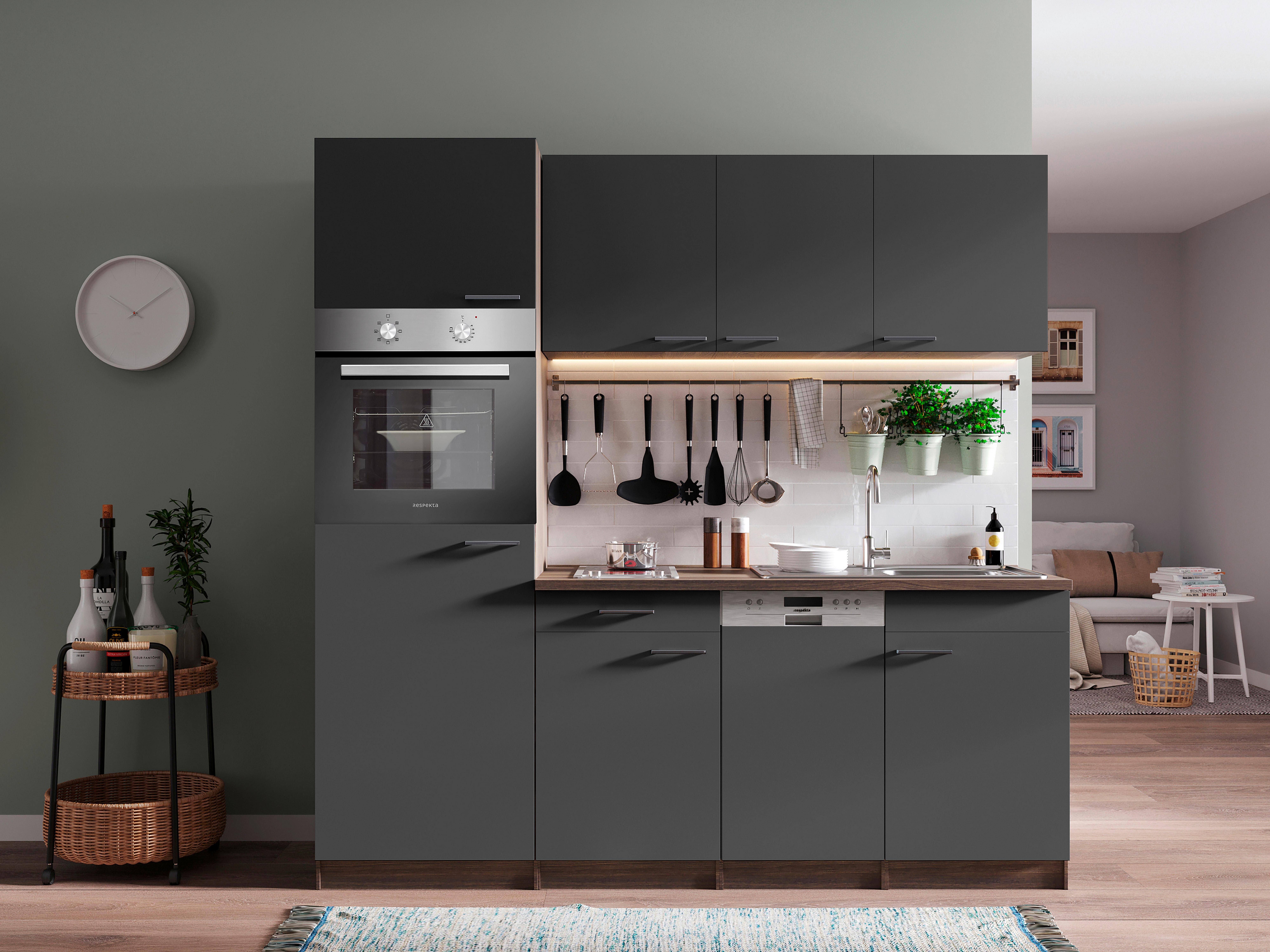 KÜCHENBLOCK OLIVER SINGLEKÜCHE 205 CM - Eichefarben/Grau, Basics, Holzwerkstoff (205cm) - Respekta
