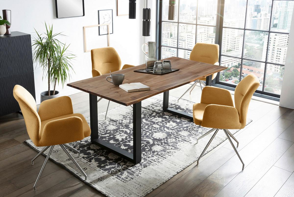 Tischgruppe Gelb/Walnussfarben L: 180cm - Gelb/Silberfarben, MODERN, Holz/Textil (160/90/75cm) - Livetastic